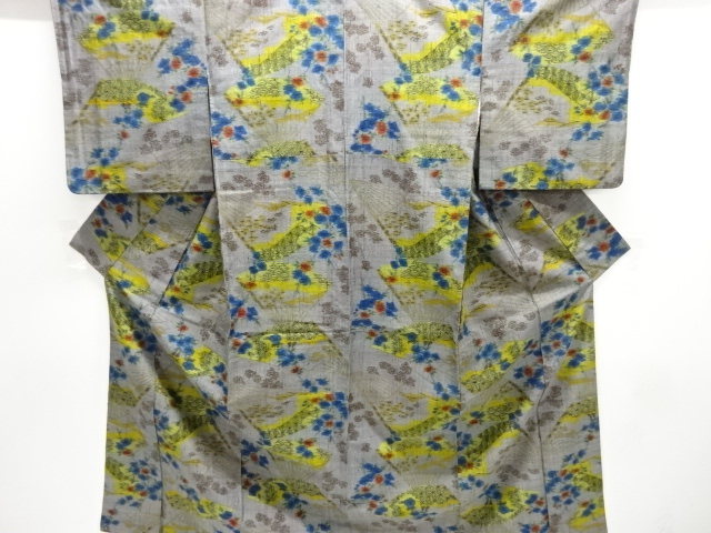 扇に草花模様織り出し手織り節紬着物